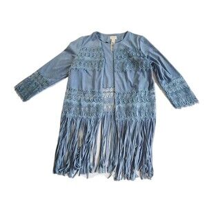 Chico's Light Blue Suede Fringe Lace Jacket - Boho Chic Style, Size 1 (XS)
